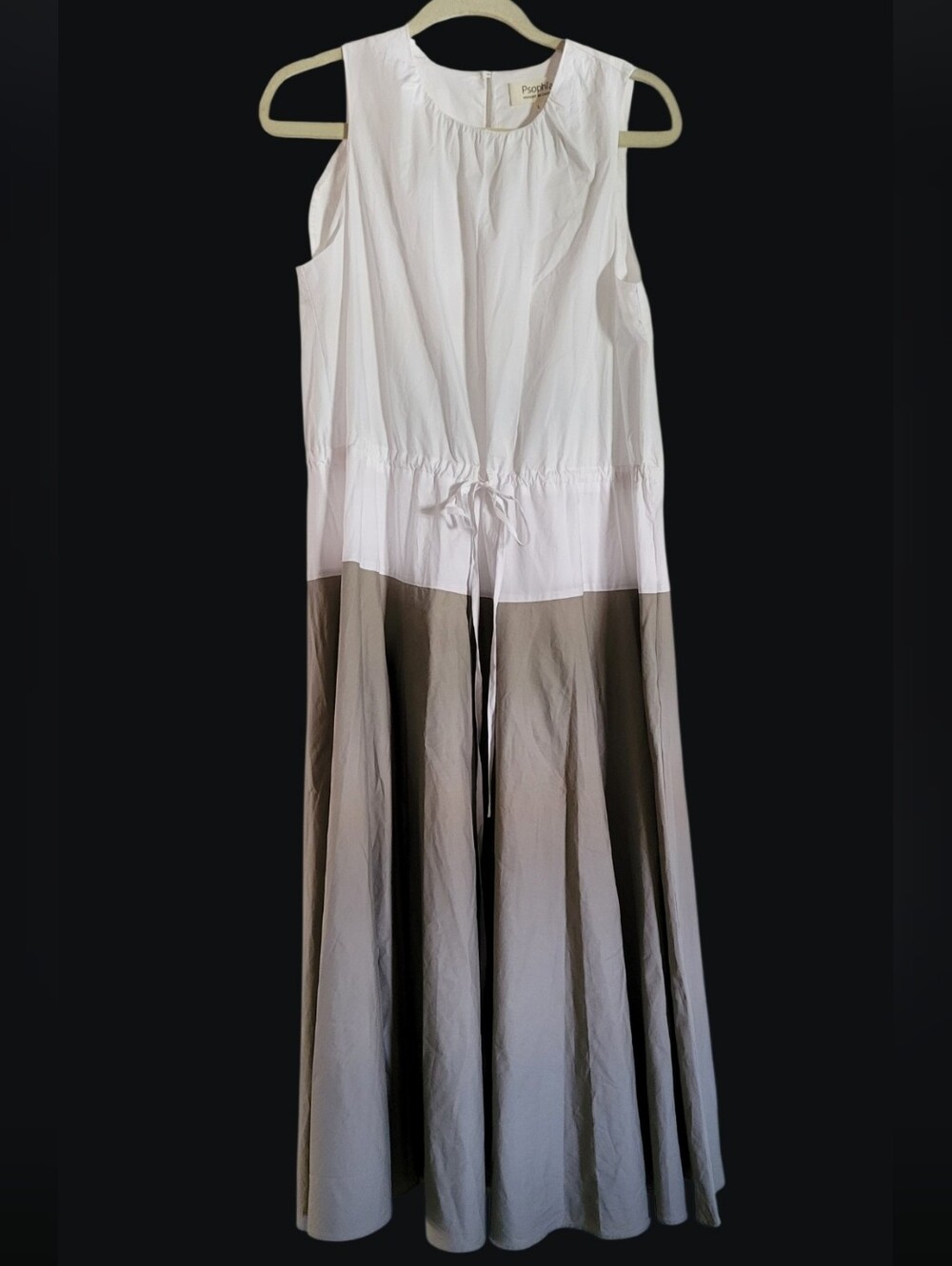 Psophia Color Block Poplin Maxi Dress Neutral Earthtones Drawstring Drop Waist